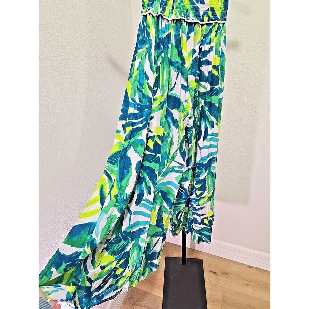 Wide Palazzo Pants Elastic Stretch Waist Sz XS Blue Green Tropical Resort Cruise